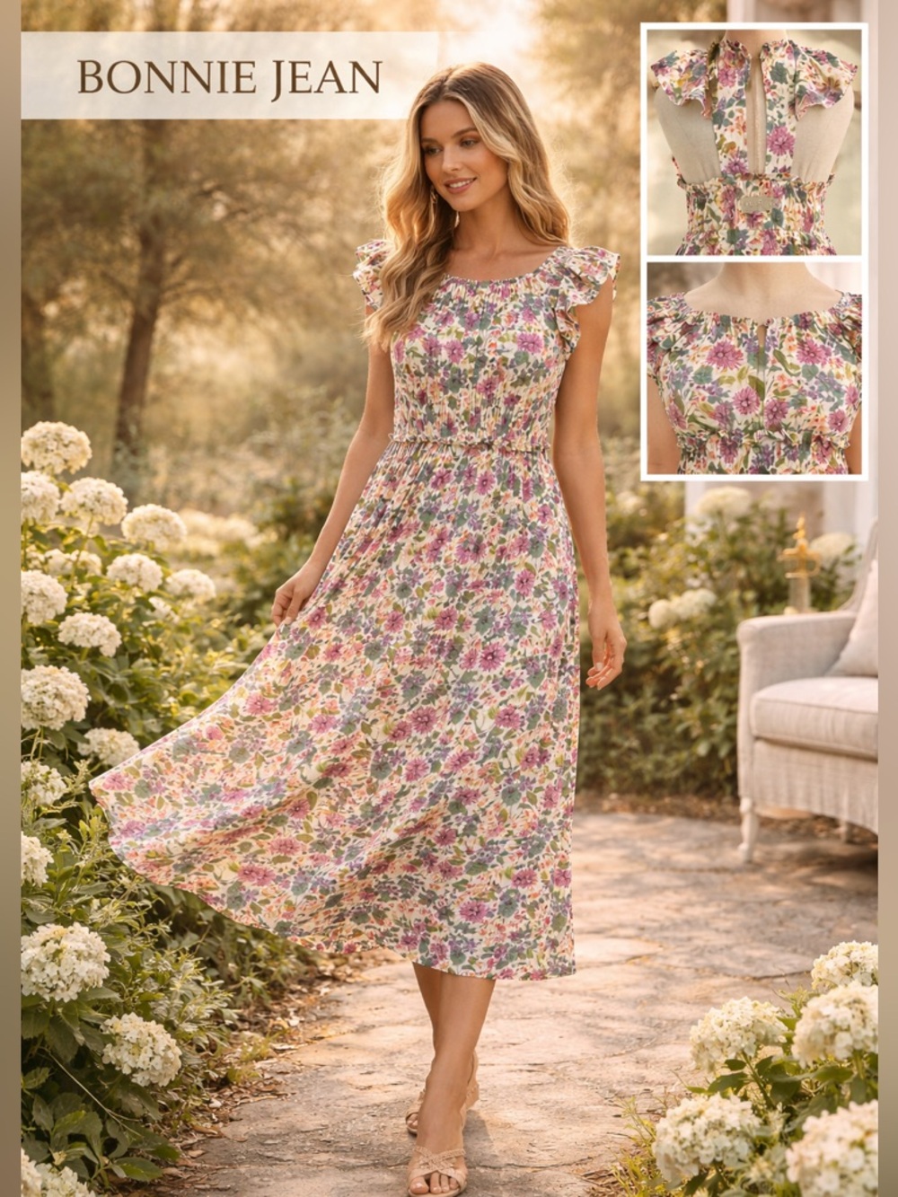 Bonnie Jean,Floral Ruffle Sleeve Dress Garden Party,Cottagecore, Size 14 Teen